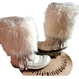 Sorel AHNAH Women's 6.5" Fur Leather Cream/White Tall Sherpa Lined Boots